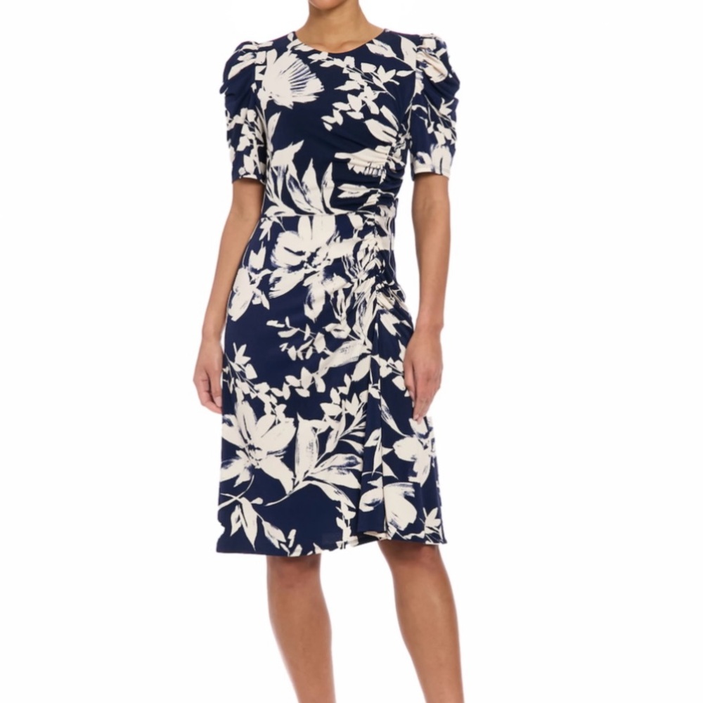 🆕 NWT Women's London Times Puff Draped Sleeve Ruched Midi Dress (Size 14)